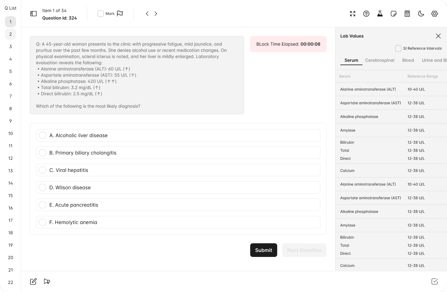 UPod interface showing lab values and question details