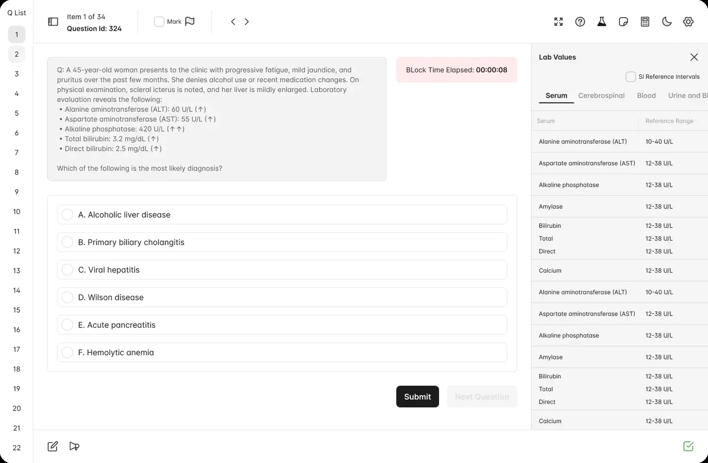 UPod exam mode with a built-in lab values reference